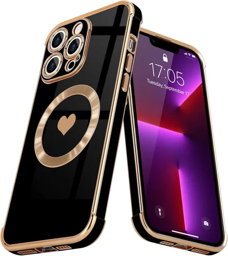 Vista 37 de Funda magnética para iPhone 13, para mujeres y niñas, chapado de lujo, lindo corazón de amor, cubierta trasera suave, protección completa de lente