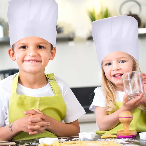 Vista 6 de ESHATO Sombreros de chef para niños, adultos, tela no tejida, ajustable, para el hogar, cocina, juego de tapas para cocinar, hornear, recuerdos