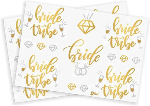 Vista 5 de Kit de decoración de fiesta para novias. Accesorios para ajuar de novia, faja, tiara, bandas doradas y plateadas, velos y tatuajes