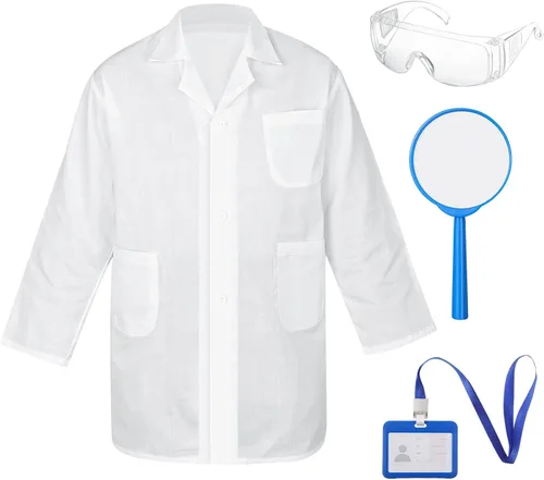Vista 6 de Tarpop Kit de disfraz de laboratorio para niños, abrigo de médico, gafas, tarjeta de identificación para proyectos, disfraz de científico