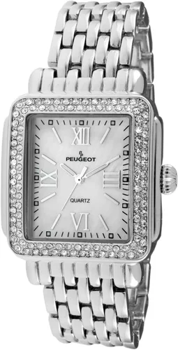 Vista 10 de Peugeot Reloj de vestir rectangular para mujer con bisel decorado de cristal, números romanos y pulsera