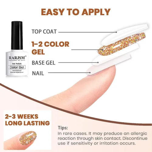 Vista 7 de RARJSM Juego de esmaltes de uñas de gel con purpurina reflectante, 6 colores brillantes plateados, champán, dorado, rosa, naranja, negro, rojo