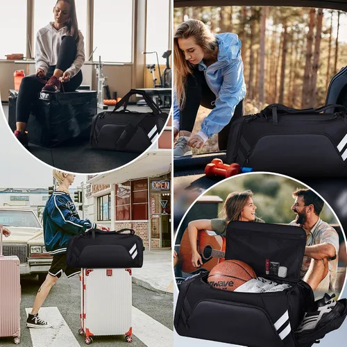 Vista 7 de Bolsa de gimnasio para hombres y mujeres, bolsa de viaje grande de 58 litros con compartimento para zapatos y bolsillo húmedo, bolsa deportiva