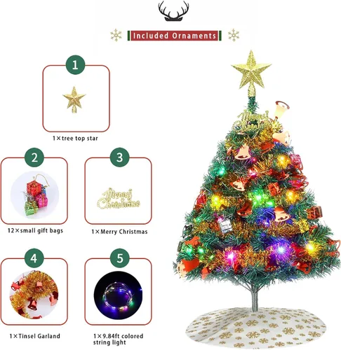 Vista 3 de Mini Christmas Tree, 24"/60cm Tabletop Artificial Christmas Tree with Ornaments & LED String Lights, Small Desktop Xmas Tree with Tree Skirt for