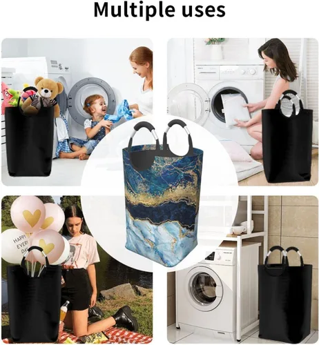 Vista 6 de Cesta de ropa sucia de mármol azul marino con mango de aluminio, cesta de lavandería plegable, cesta de almacenamiento para cuarto de baño