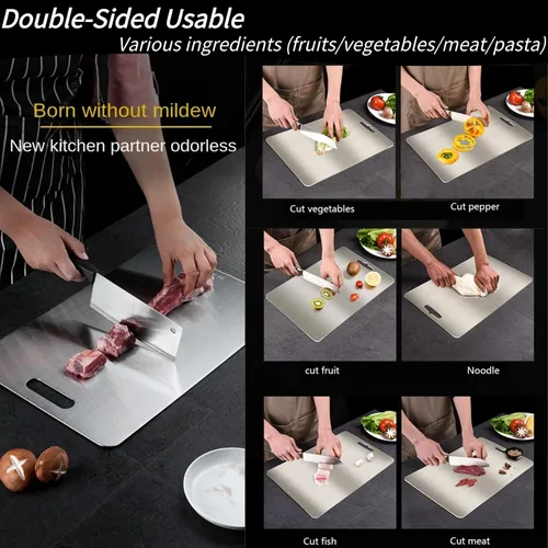Vista 4 de Tabla de cortar de titanio para cocina, juego de 2/3 – Tabla de cortar de doble cara de grado alimenticio para carne, diseño colgable, fácil