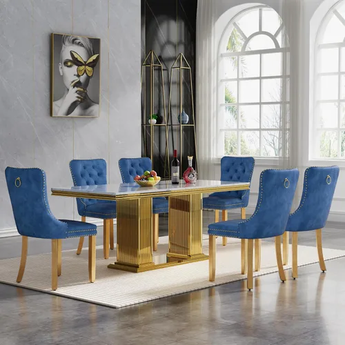 Vista 57 de Juego de mesa de comedor de 5 piezas para 4, mesa de cocina de mármol negro de 68 pulgadas con 4 sillas beige, mesa de comedor rectangular moderna