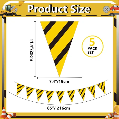 Vista 2 de Paquete de 5 banderines de construcción – Bandera temática de camión volquete para niños, decoración de banderines triangulares para fiesta