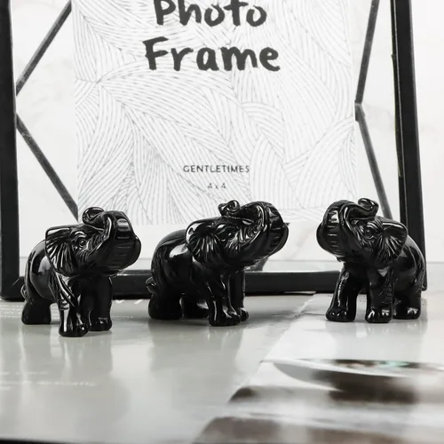 Vista 6 de Artistone Estatua de elefante de cristal de obsidiana negra, escultura de animales tallada a mano para decoración del hogar, adornos de escritorio