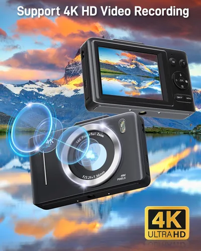 Vista 3 de Cámara Digital, FHD 1080P Cámara para Niños Digital con Zoom 16x Anti Vibración, Tarjeta de 32GB, 4K 48MP Cámaras Compactas Portátiles de Apuntar