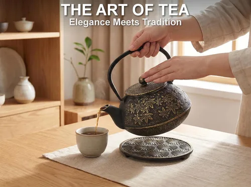 Vista 2 de Juego de 3 teteras japonesas de hierro fundido de gran capacidad de 40 onzas con salvamanteles e infusor de té de hojas sueltas, tetera de hierro
