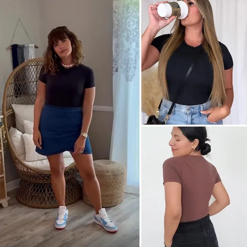 Vista 8 de Body de manga corta para mujer, camiseta de doble forro, tanga con cuello redondo, trajes de cuerpo recortados