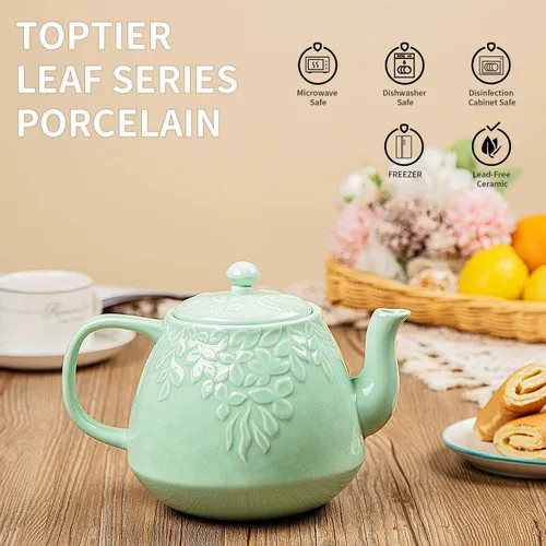 Vista 2 de Toptier Juego de tetera de hierro fundido y tetera de porcelana, 32 oz y 37 oz, apta para estufa, verde