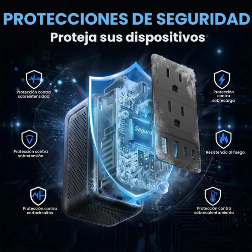 Vista 7 de Convertidor de voltaje de 2000 W, 220 V a 110 V con 2 tomas de CA, 2 puertos USB C y 2 puertos USB A Negro mate (matt black)