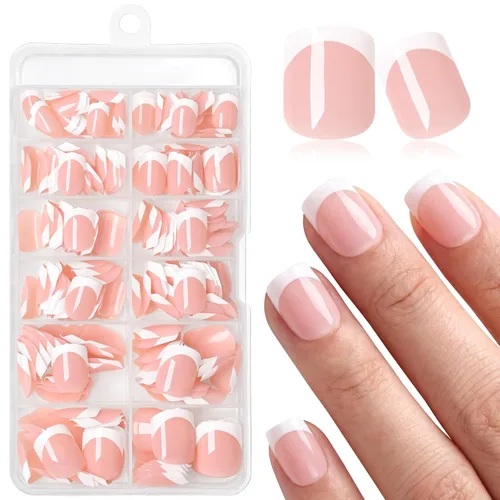 Vista 18 de 240 uñas postizas de punta francesa a presión, uñas postizas medianas de almendra, uñas blancas de punta francesa a presión, uñas acrílicas a