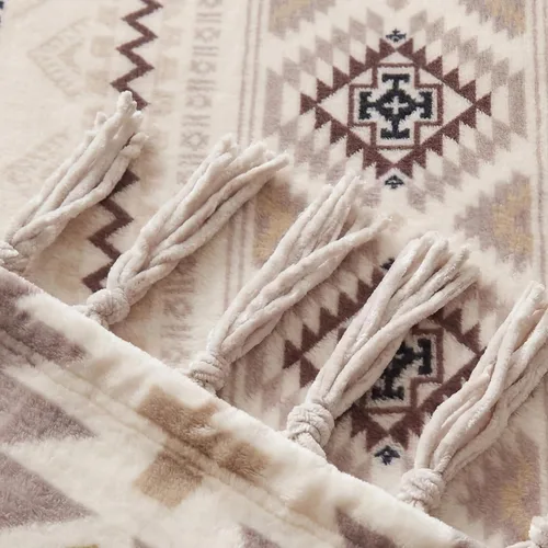 Vista 5 de CASAAGUSTO Manta Boho - Mantas Decorativas Beige y Gris con Borla, Manta Bohemia de Franela Estampada para Silla, Cama, Sofá, Sillón