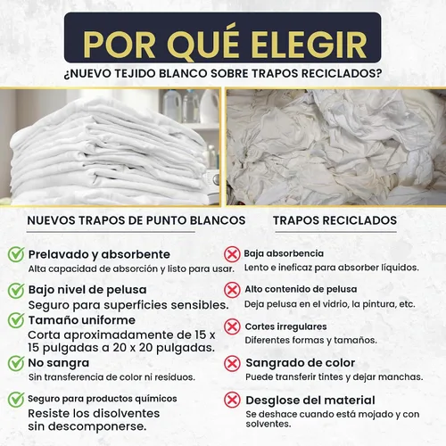 Vista 5 de Trapos de Limpieza Premium de Camisetas Blancas (Bolsa de 1 libra) – Trapos de Algodón Blanco para Limpieza, Teñido, Pintura, Aceite, Grasa