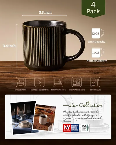 Vista 6 de famiware Juego de 4 tazas de café de 12 onzas, tazas de cerámica con asa Negro (Star-Black)
