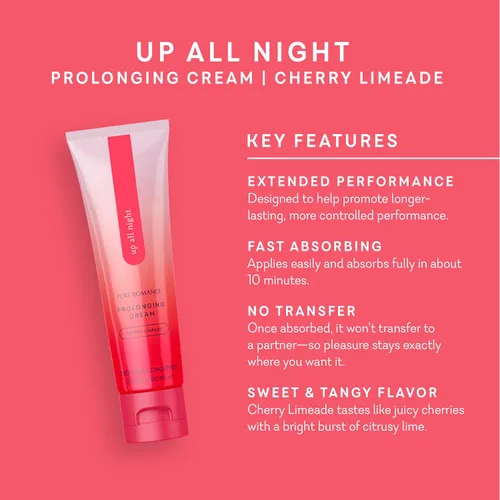 Vista 2 de Pure Romance Up All Night, Delay, Crema anestésica y desensibilizante para hombres, crema saborizada para hombres, cereza limada, 2 onzas líquidas