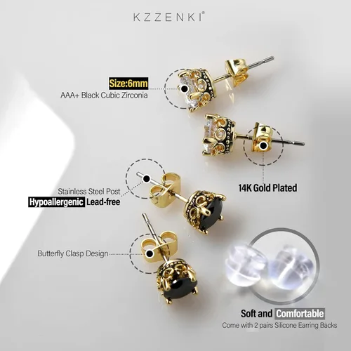 Vista 2 de Aretes negros y dorados para hombres y mujeres, con corona retro, hipoalergénicos, de acero inoxidable, con circonita cúbica