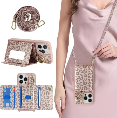 Vista 8 de Funda para iPhone 14 con tarjetero y correa para mujer, cordón cruzado, espejo de maquillaje, soporte de anillo, cierre a presión, bonitas fundas