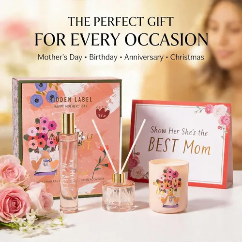Vista 8 de Hidden Label Juego de velas de soja: regalo de geranio y rosa "Best Mom" con difusor de varillas y spray para habitación Cestas de regalo para mamá