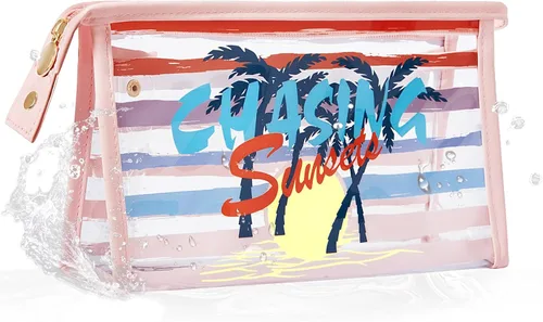 Vista 21 de COSHAYSOO Bolsa de Maquillaje Transparente con Protección Solar, Bolsa de Protector Solar con Parches de Letras, Accesorios Esenciales de Playa