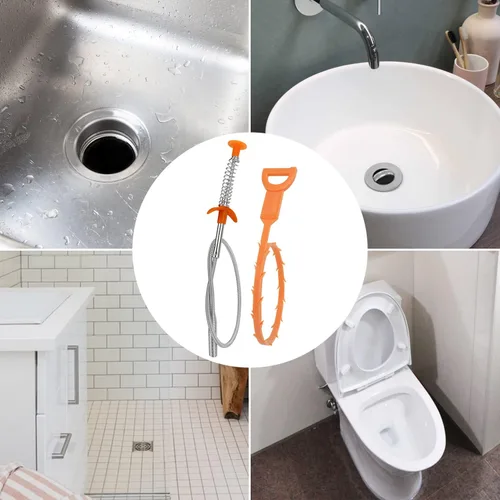 Vista 4 de Amazon Basics Herramienta para eliminar obstrucciones, paquete de 6 con 5 serpientes de drenaje de plástico y 1 de acero inoxidable, desatascador