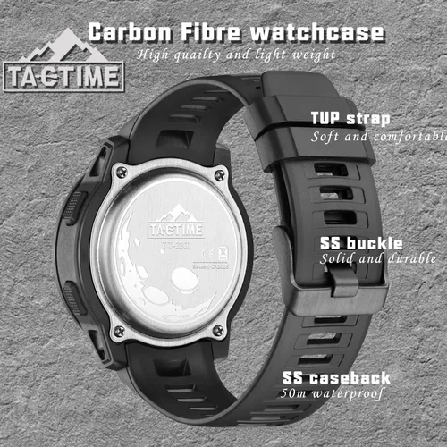 Vista 6 de Reloj táctico para hombres y mujeres, estilo militar, deportivo, digital, con hora mundial y 5 alarmas, hecho de fibra de carbono y retroiluminación