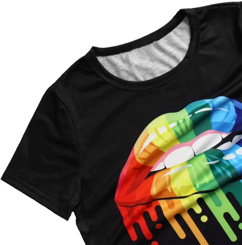 Vista 5 de Camiseta de los años 80 con estampado de labios de color casual para mujer, camisetas de verano de manga corta con gráfico divertido Negro