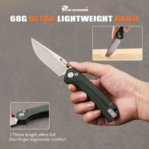 Vista 5 de HX OUTDOORS 2.96 "" bolsillo cuchillo travesaño bloqueo clip 14C28N hoja Micarta mango Verde