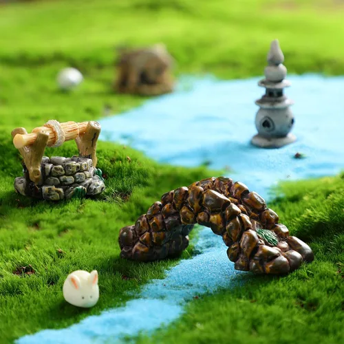 Vista 4 de Jetec 12 piezas de accesorios de jardín en miniatura, puente, mini faro, pozo de agua, figuritas de puente, figuritas de adorno para estanque