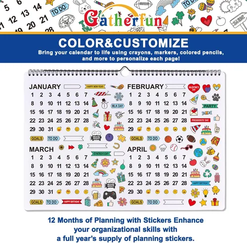 Vista 2 de Calendario de pared para colorear 2026-2027 – 11.6 x 17 pulgadas, 12 meses, sin fecha, hogar o calendario, seguimiento de actividades y calendario