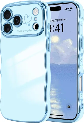 Vista 24 de LCHULLE - Funda para iPhone Air, linda para mujeres y niñas, con forma de onda, color azul bebé Luxury Plating Curly Wavy Frame with Love Heart