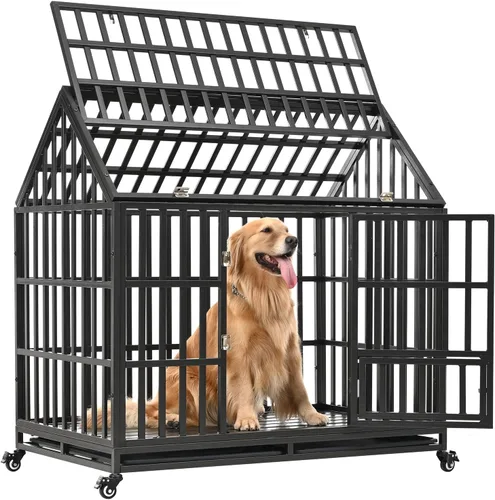 Vista 9 de Jaula para perros de alta resistencia, corralito de metal grande y fuerte para perros grandes y medianos con cuatro cerraduras resistentes y cuatro