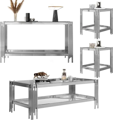 Vista 21 de SSLine Mesa de centro de cristal negro con marco de acero inoxidable dorado, mesa de centro rectangular de lujo de 2 niveles para sala de estar Café