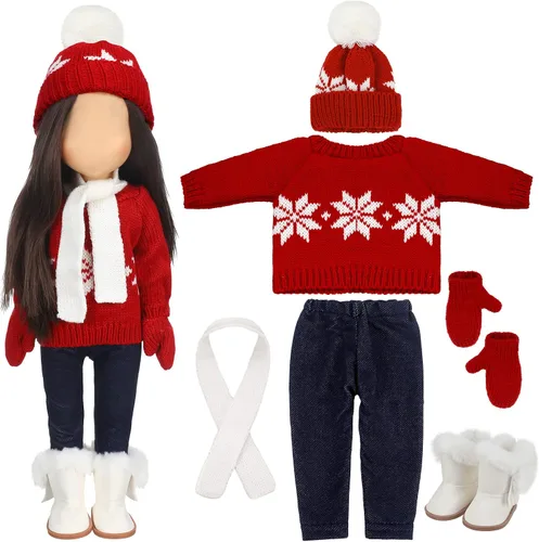 Vista 13 de Bencailor 6 piezas de ropa y accesorios de Navidad para muñeca de 18 pulgadas, conjunto de ropa de invierno con suéteres, pantalones, sombreros Negro