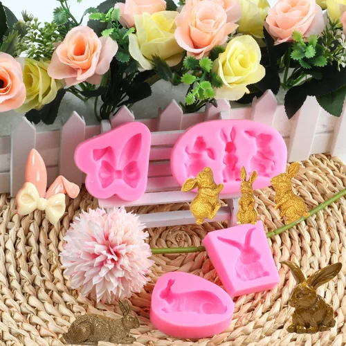 Vista 3 de Mujiang Molde para fondant de conejo, orejas de conejo de Pascua, moldes de silicona para decoración de pasteles, juego de 4