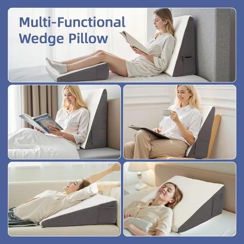 Vista 2 de Almohada de cuña para cabecero, almohada de cuña elevada triangular de 7.5 pulgadas para aliviar el reflujo ácido, dormir, poscirugía, alivio