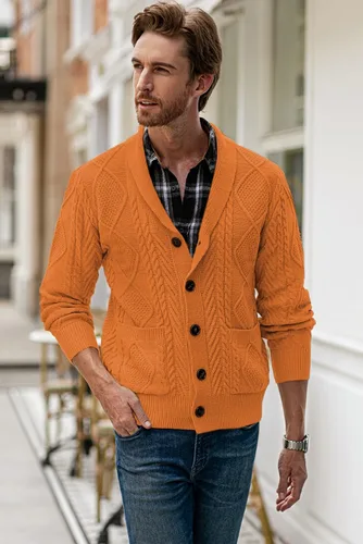 Vista 3 de JMIERR Men's Casual Long Sleeve Shawl Collar Buttons Down Cable Knit Cardigan Sweater with Pockets