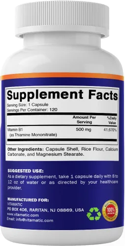 Vista 8 de Vitamatic Vitamina B1 500 mg (mononitrato de tiamina), 120 cápsulas Alta potencia B1, apoya la salud del sistema nervioso y el metabolismo