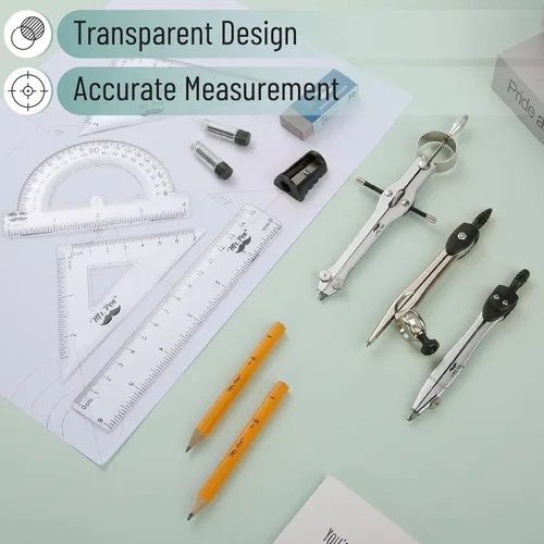 Vista 4 de Mr. Pen- Geometry Set, 13 pcs, 3 Metal Compasses, Protractor, 6" Ruler 45° & 30°/60° Set Squares, Pencils, Lead Refills, Sharpener & Eraser for