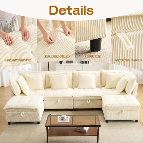 Vista 5 de Sofá modular modular en forma de L de 102.5 pulgadas con almacenamiento, sofá de asiento profundo de 4 plazas con cojines copetudos y almohadas