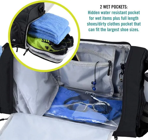 Vista 4 de Ultimate Gym Bag 2.0 La bolsa de lona duradera diseñada por Crowdsource con 10 compartimentos óptimos, incluida la bolsa resistente al agua, Negro
