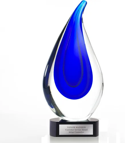 Vista 6 de Baudville Trofeo de lágrima de cristal grabado Azul-oro redondo