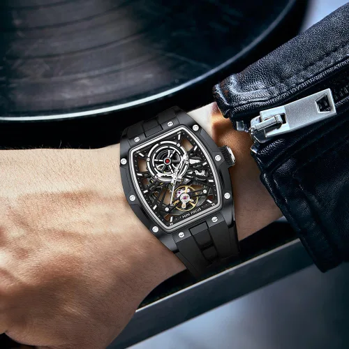 Vista 3 de AIMES Tonneau - Reloj automático para hombre, reloj de esqueleto de lujo para hombre, cuerda mecánica automática, impermeable, analógico, reloj