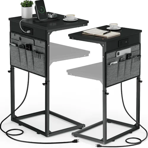 Vista 13 de Vagusicc - Mesa auxiliar en forma de C con estación de carga, mesa lateral de altura ajustable para sofá, mesa pequeña para sofá con laptop