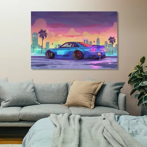Vista 7 de Synthwave Vaporwave R32 - Póster de animé de palmera Jdm para automóvil, decoración de pared, pósteres e impresiones para dormitorio, sala de estar