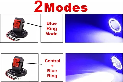 Vista 2 de Ourbest Luces antiniebla para motocicleta con interruptor, 12 V/24 V, 3 pulgadas, luz auxiliar de halo para ATV, scooter, camiones, luces Azul