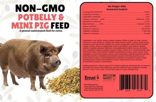 Vista 4 de Alimento para potbelly y mini cerdo sin OMG, 12% de proteína para cerdos maduros, fortificado con vitaminas A, D, E, minerales y algas, bolsa de 40